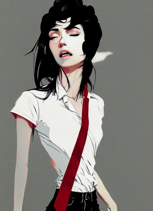 Image similar to a ultradetailed beautiful panting of a stylish woman wearing a shirt with a tie, she has black hair, dancing, by conrad roset, greg rutkowski and makoto shinkai, trending on artstation