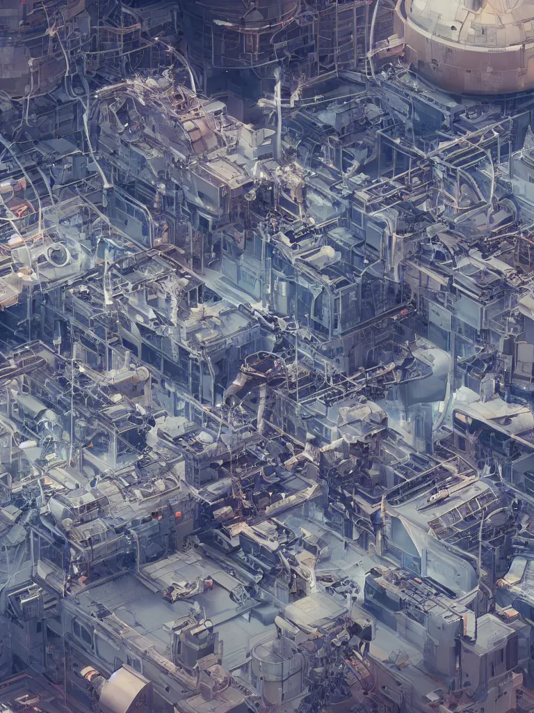 Prompt: a factory filled with lots of machines and machinery on an international space station, detailed 3 d octane render by beeple, trending on cgsociety, deconstructivism, greeble, hard surface modeling, atelier olschinsky