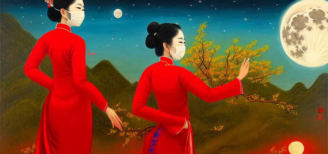 Prompt: vietnamese female with white cloth mask wearing traditional red ao dai, full moon on the sky, a ultra detailed beautiful panting by le pho