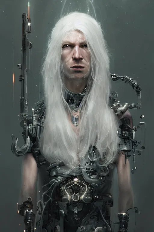 Prompt: a fancy portrait of a strong male cyborg with long white hair and pale skin with joints still visible by greg rutkowski, sung choi, mitchell mohrhauser, maciej kuciara, johnson ting, maxim verehin, peter konig, bloodborne, 8 k photorealistic, cinematic lighting, hd, high details, dramatic, dark atmosphere, trending on artstation