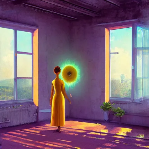 Image similar to giant daisy flower head, woman standing next to modern window in luxury loft, surreal photography, sunlight, impressionist painting, digital painting, artstation, simon stalenhag