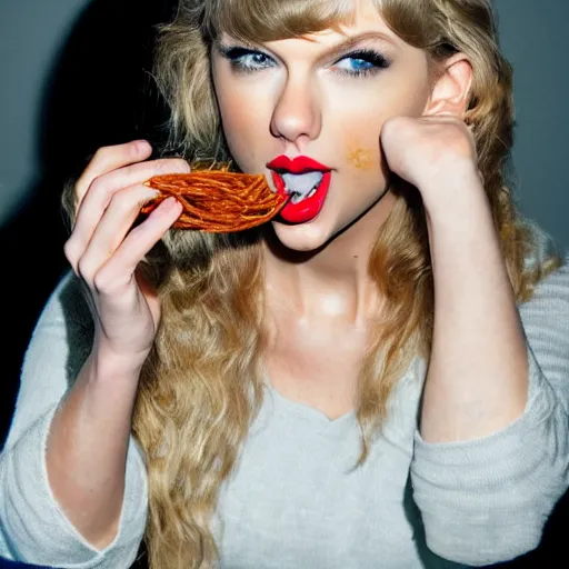 Prompt: Taylor Swift eating handfuls of spaghetti, dramatic photo, studio lighting