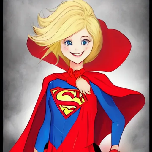 Image similar to !dream blonde super girl, wearing white shirt, red cape, rossdraws art style , smiling