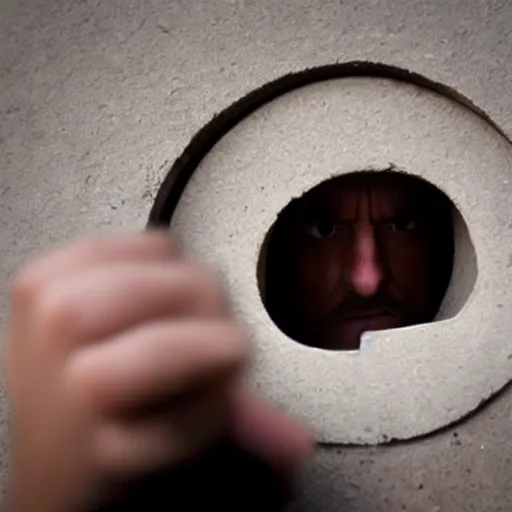 Prompt: a very nosy person not minding their own business, man peeping through a peek hole, creepy,