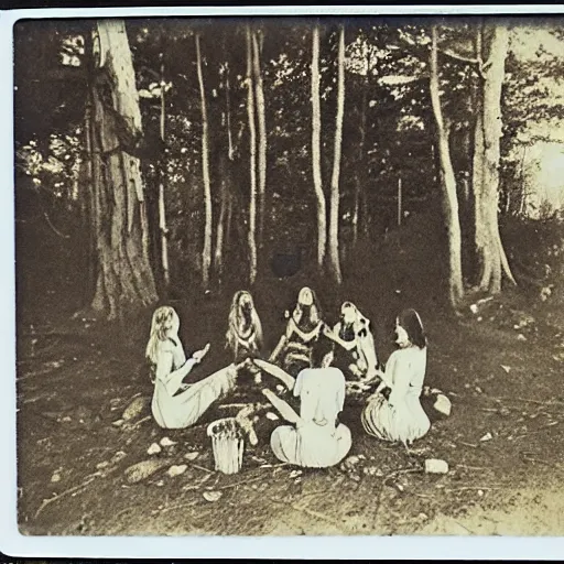 Image similar to witches gather around a bonfire in a forest, polaroid