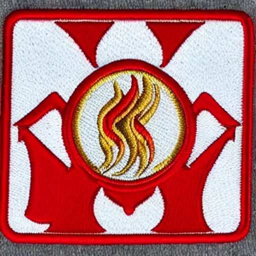 Prompt: simple et detailed fire station flame embroidered patch retro design