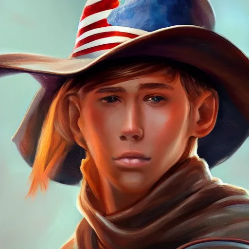 Image similar to a portrait of a teenager with a cowboy hat on with an American flag scarf, D&D, sci-fi, elegant, hopeful, muscular, highly detailed, digital painting, artstation, concept art, smooth, sharp focus, illustration