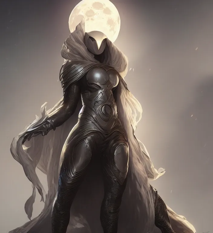 Image similar to female moon knight, hyper detailed, digital art, trending in artstation, cinematic lighting, studio quality, smooth render, unreal engine 5 rendered, octane rendered, art style by klimt and nixeu and ian sprigger and wlop and krenz cushart