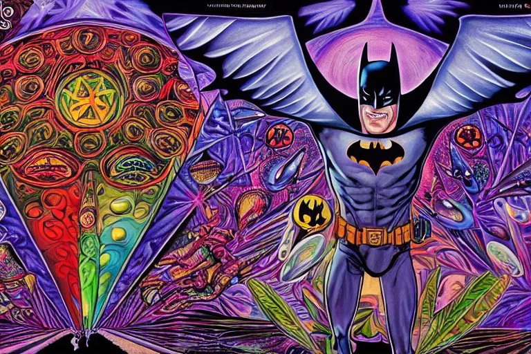Prompt: Batman takes magic mushrooms, psychedelic, by Alex Grey, 4k