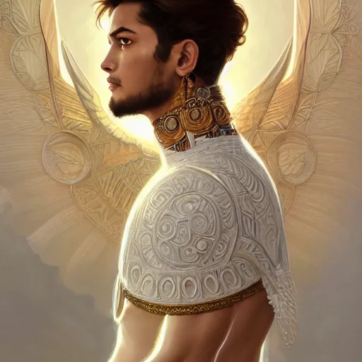 Prompt: beautiful and majestic Peruvian male god wearing a white perizoma, intricate, elegant, highly detailed, digital painting, artstation, concept art, smooth art, sharp focus, illustration, art by artgerm and greg rutkowski and alphonse mucha and loish and WLOP