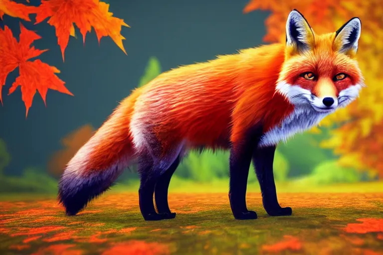 Image similar to super detailed color lowpoly art, red fox in an autumn maple forest, unreal engine, retrowave color palette, 3 d render, lowpoly, colorful, digital art, perspective