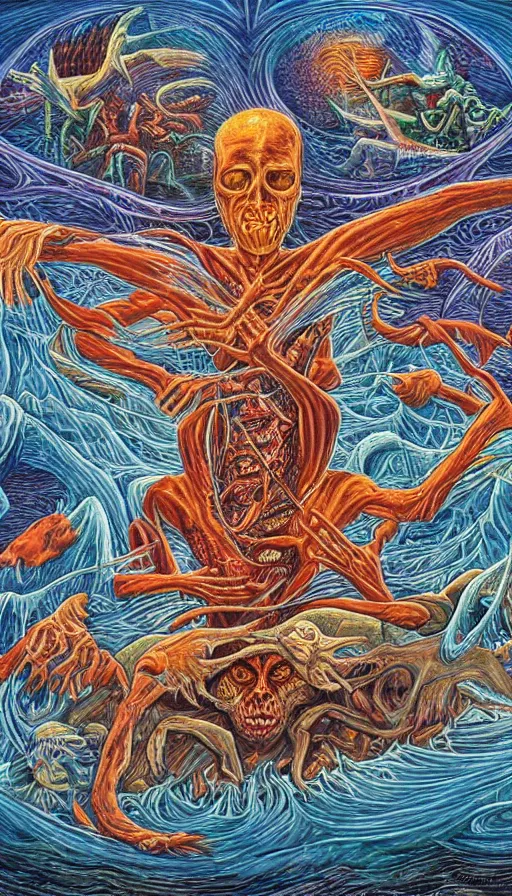 Prompt: man on boat crossing a body of water in hell with creatures in the water, sea of souls, by alex grey,