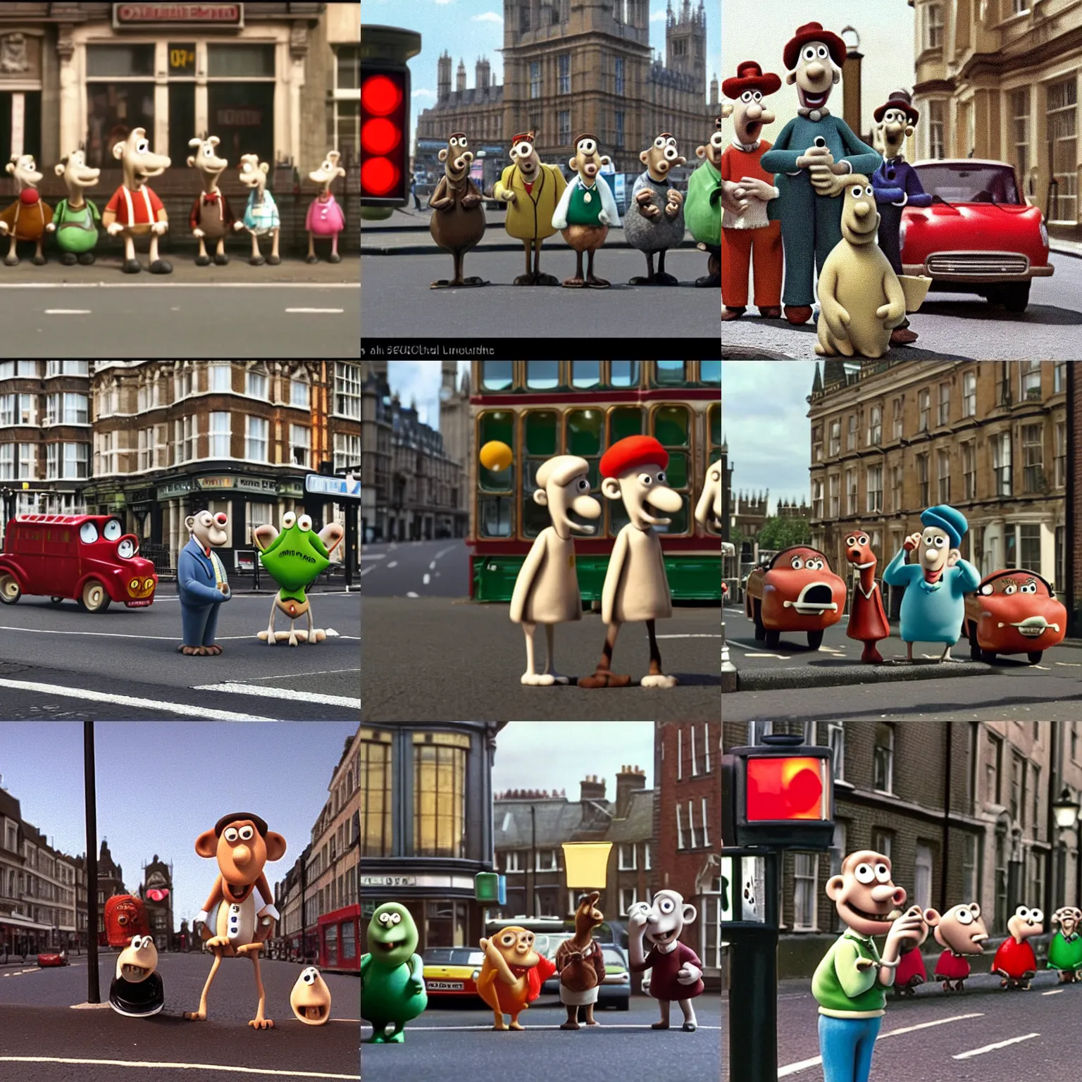 Prompt: a crowd of wallace from wallace and gromit staring waiting at the traffic light while standing across the street in london, still from aardman animations film