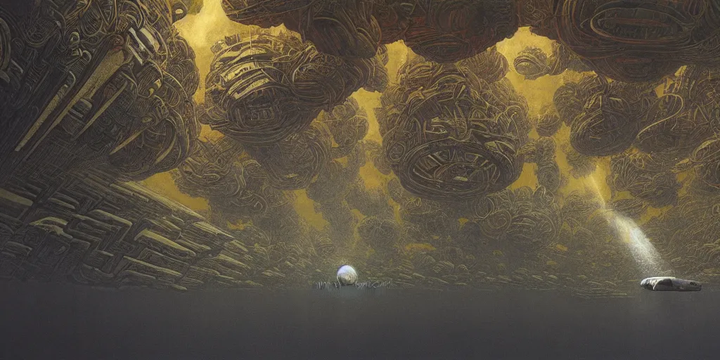 Prompt: the depths of a vast artificial world with massive towering pillars holding the ceiling of the landscape up, detailed, brass coloration, energetic beings patrolling, extreme depth, alan bean, zdzisław beksinski and peder balke collaboration, godrays, colossal hovering machine automations of brutalist design visible in the foreground