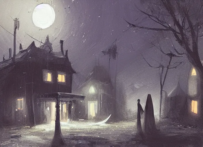 Prompt: A hooded figure approaches an abandoned tavern on a moonlit night, Ismail Inceoglu and Marius Borgeaud