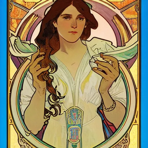 Image similar to paladin, painted by alphonse mucha