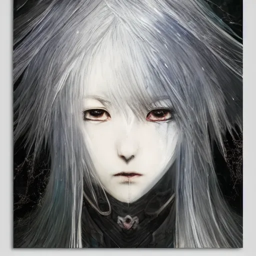 Prompt: yoshitaka amano blurred and dreamy realistic illustration of an anime girl with wavy white hair fluttering in the wind and cracks on her face wearing elden ring armour with the cape, abstract black and white patterns on the background, noisy film grain effect, highly detailed, renaissance oil painting, weird portrait angle