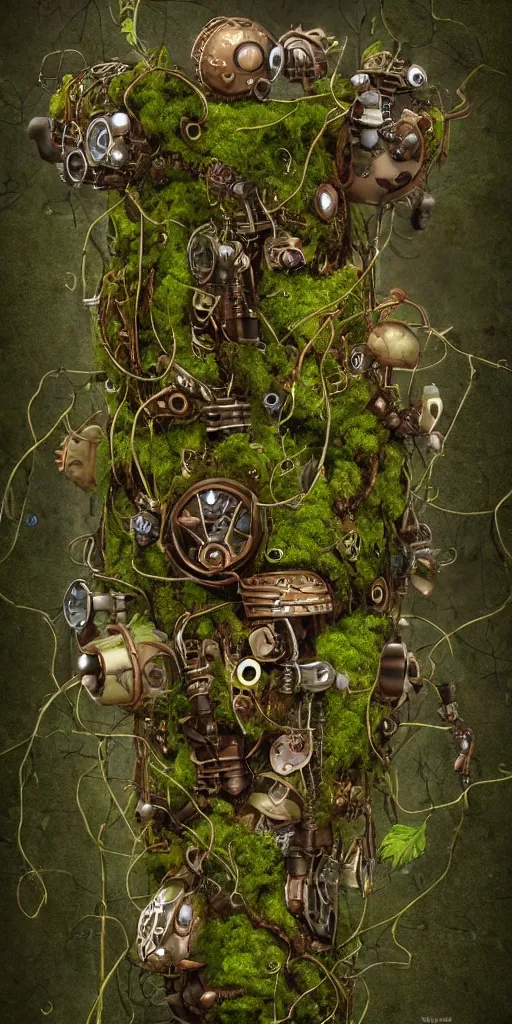 Prompt: a steampunk robot with mushrooms growing out of it's head, intertwined with fungus and vines, overgrown, moss, mycelium, detailed, 4 k, trending in artstation