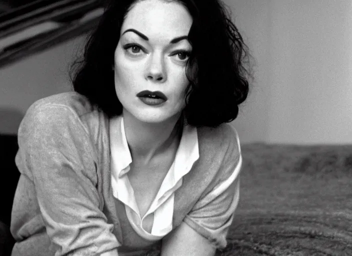 Image similar to Black and white film still of Rose Mcgowan on a Woody Allen film