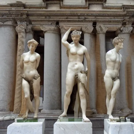 Image similar to corinthian marble statues, with bronze poos covering their private parts,