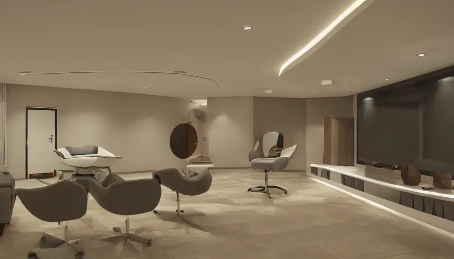 Image similar to low ceiling oval shaped room interior with ceramic dentist chair and movie projected onto walls, octane render, intricate details