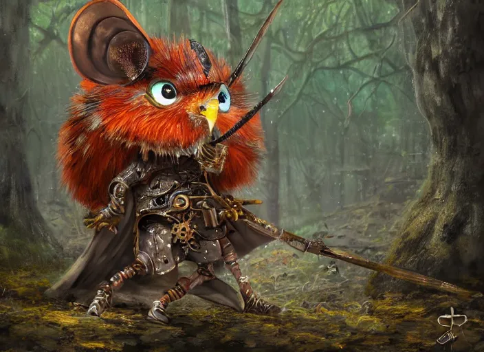 Image similar to ashigaru steampunk - inspired feathered mouse, colorful plumage, lacquered armor, polearm glaive, cute but determined, hard focus, art station, by jessica rossier and brian froud, cinematic, orange grey white, in a woodland glade