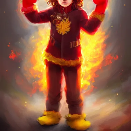 Prompt: colorful and festive captivating young child boy, brown long fluffy hair, wearing red and yellow hero suit, shooting a fire sphere out of his fist. full body, rich vivid colors, ambient lighting, dynamic lighting, 4 k, atmospheric lighting, painted, intricate, highly detailed by charlie bowater