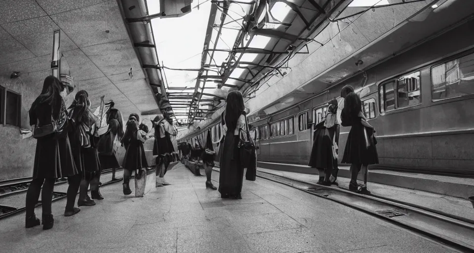 Image similar to School girls waiting on a urban train station, gloomy and misterious atmosphere