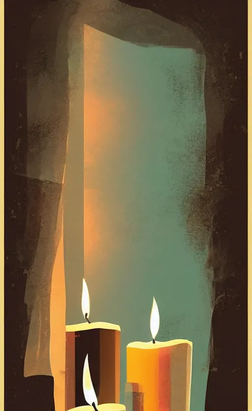 Image similar to illustration with a set of beautiful scented candles, close - up photo in cozy interior, candle lighting, shadow play, light refraction, mirror, glowing, pinterest, an art deco painting by tom whalen, trending on behance, art deco, digital illustration, storybook illustration, grainy texture, flat shading, vector art, airbrush, pastel, watercolor, poster