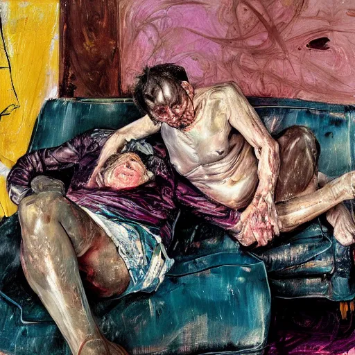 Image similar to high quality high detail painting of a old dead couple on a couch in a soviet apartment by lucian freud and jenny saville and francis bacon and malcom liepke and nicola samori, hd, anxiety, turquoise and purple and orange and pink, dark atmosphere