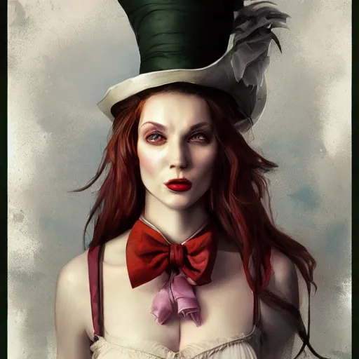 Image similar to realistic, full body portrait, attractive trashy female mad hatter, by Jordan Grimmer and greg rutkowski, crisp lines and color,