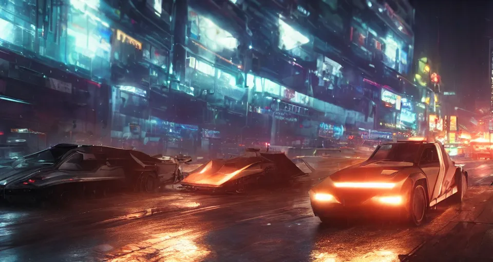 Image similar to closeup photo of combat tesla cybertruck driving on wet dystopian cyberpunk city streets at night, mad max, action, speed, volumetric lighting, hdr, need for speed, gta 5, forza, makoto shinkai, syd mead, craig mullins, cinematic, fast and furious, blade runner, octane, 8 k, iso 1 0 0, 1 2 mm