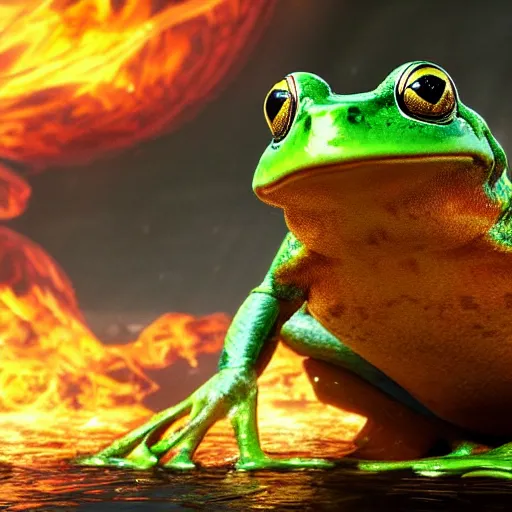 Prompt: a frog in an energy flows of water and fire. a highly detailed epic cinematic concept art cg render