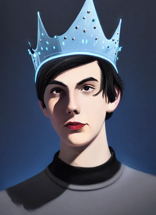 Image similar to portrait of teenage jughead jones wearing a light grey crown, crown, blue turtleneck, 1 9 5 0 s, closed eyes, photorealistic, black hair, glowing lighting, intricate, elegant, glowing lights, highly detailed, digital painting, artstation, concept art, smooth, sharp focus, illustration, art by wlop, mars ravelo and greg rutkowski