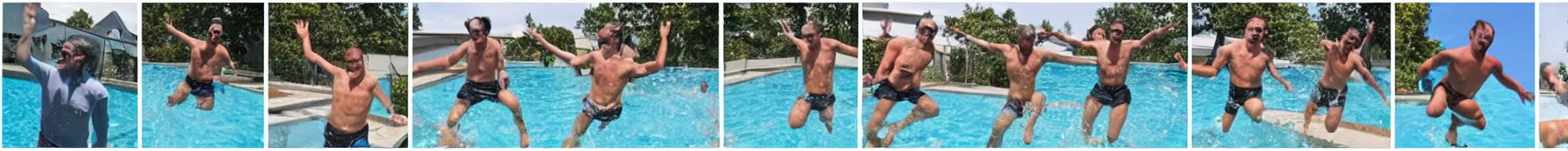 Prompt: 8 consistent frames from a video of a man jumping into a pool