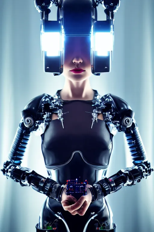 Image similar to cybernetic high tech female android with cat on her head, sci - fi, cyberpunk, futurism, exoskeleton, robotic, symmetry, cinematic, elegant, professional studio light, perfect composition, dlsr photography, sharp focus, 8 k, ultra hd, sense of awe, highly detailed, hyper realistic, intricate, science journal cover