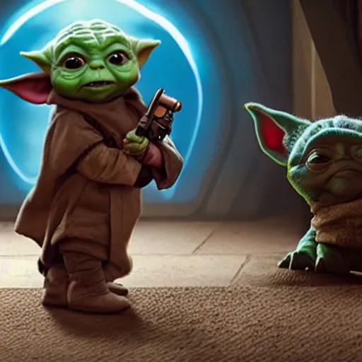 Prompt: neon movie still from mandalorian with angry baby yoda.