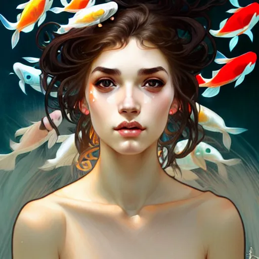Image similar to Portrait of a girl surrounded by Koi fish, face, fantasy, intricate, elegant, highly detailed, digital painting, artstation, concept art, smooth, sharp focus, illustration, art by Fernanda Suarez and Artem Demura and alphonse mucha
