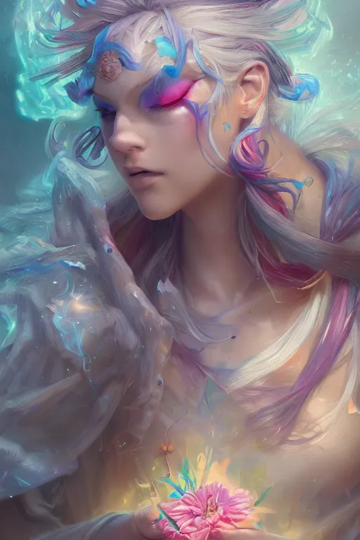 Prompt: face closeup beautiful girl wizard covered with rainbow and ice, holding flowers and casting magic spell, angel, storm and thunder clouds, fantasy, magic the gathering, hyper detailed, 3 d render, hyper realistic detailed portrait, peter mohrbacher