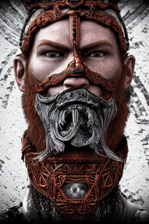 Prompt: robotic viking, handsome and strong, red beard, psychedelics, dmt, detailed intricate, 8 k, cinematic