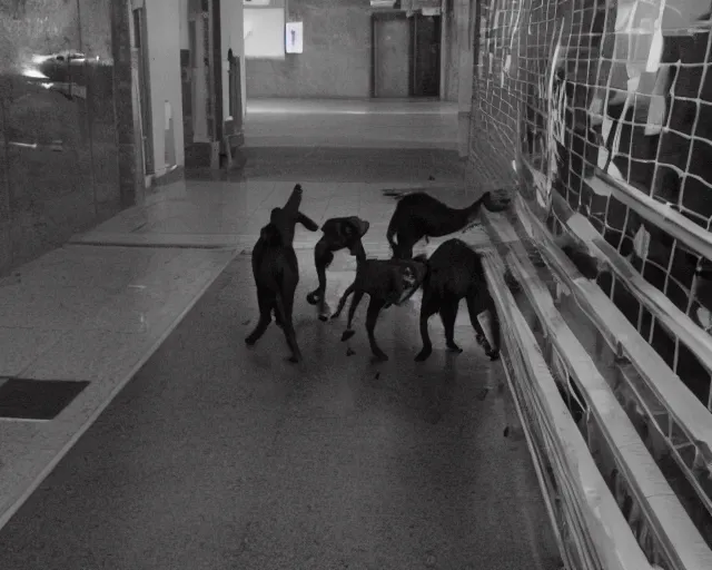 Prompt: camera footage of a 3 Aggressive Feral Black Dogs with severe rabies Chasing a young woman in an abandoned shopping mall, high exposure, dark, monochrome, camera, grainy, CCTV, security camera footage, timestamp, zoomed in, Feral, fish-eye lens, Nightmare Fuel, Zombie Dog, Evil, Bite, Motion Blur, horrifying, lunging at camera :4