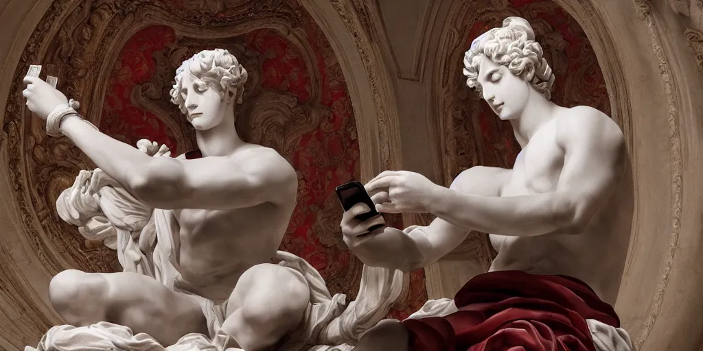 Image similar to baroque delicate full-body marble sculpture of handsome teenage demon boy laying back with arm behind his head while checking his notifications on his phone, red silk flowing fabric, marble white columns, black plastic, black tar particles, iridescent accents, sakura color scheme, intricate artwork by caravaggio, Trending on artstation, octane render, cinematic, hyper realism, octane render, 8k, depth of field, bokeh