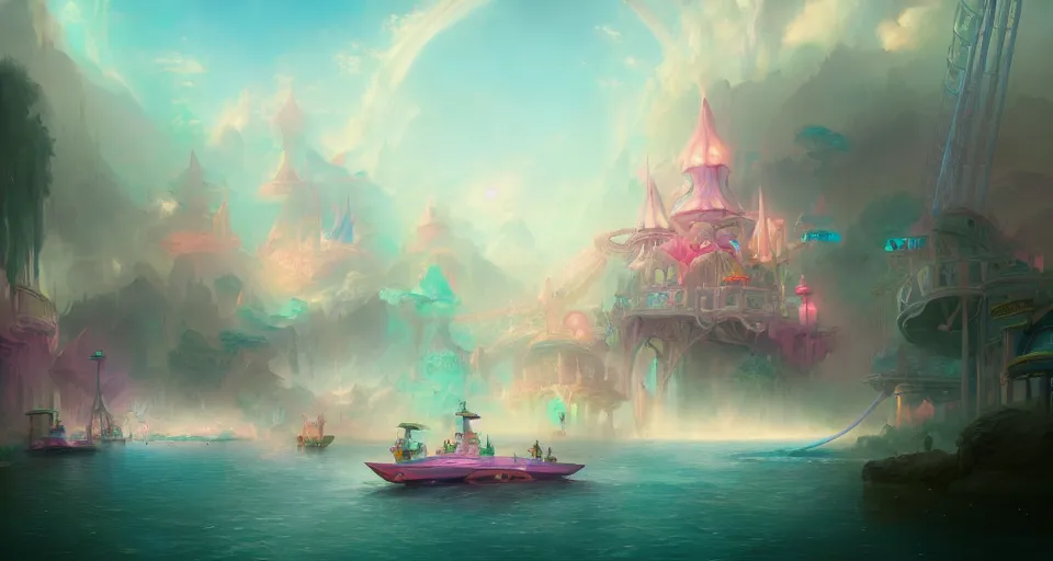 Image similar to an amusement park boat ride with pastel colors by peter mohrbacher, vivid colors, matte painting, 8K, concept art, mystical color scheme, trending on artstation