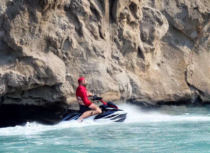 Image similar to angry fat lifeguard with a beard on jet ski yelling at people on the rocks at the thousand steps sea cave in laguna beach 2 0 1 3 summer