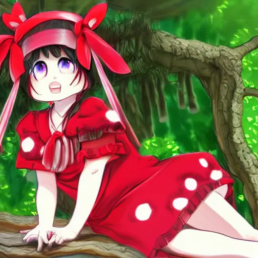 Image similar to a digital drawing of reimu in the jungle wearing bonnet