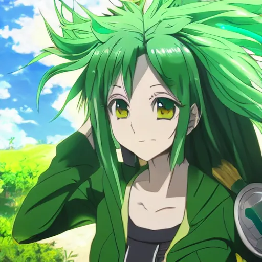 Prompt: anime key visual of a girl with a green outfit green hair and green eyes fascinated by a green paradise ; official media ; 4 k hd ; high quality ; in the rising of the shield hero ( 2 0 1 9 ), apex legends,