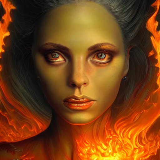 Prompt: A stunning portrait of a goddess with a body made of flames by Jim Burns, 8K UHD, intricate, fantasy, Trending on artstation.