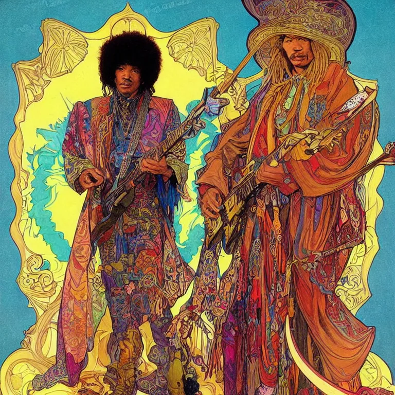 Image similar to colorfull artwork by Franklin Booth and Alphonse Mucha and Moebius showing a portrait of Jimi Hendrix as a futuristic space shaman