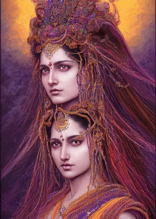 Prompt: Portrait painting of a beautiful indian princess born of fire, stunning 3d render inspired art by P. Craig Russell and Barry Windsor-Smith + perfect facial symmetry + dim volumetric lighting, vibrant dark wavy hair, ornate flowing silvered robes, 8k octane beautifully detailed render, post-processing, extremely hyperdetailed, intricate, epic composition, grim yet sparkling atmosphere, cinematic lighting + masterpiece, trending on artstation, very very detailed