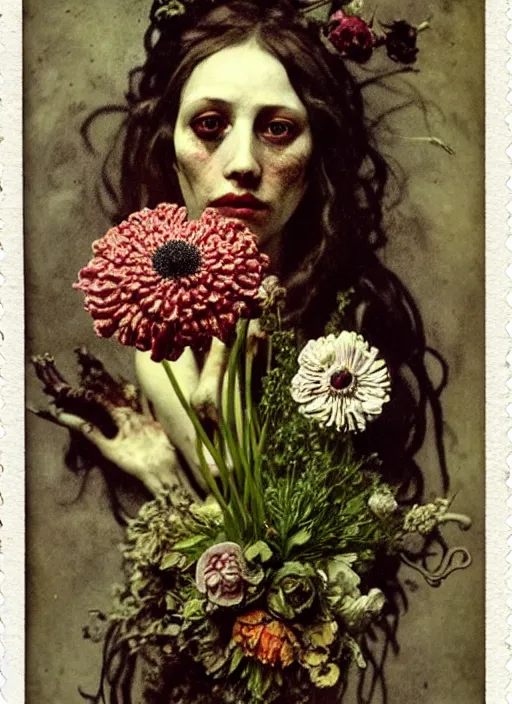 Prompt: beautiful and detailed rotten woman made of plants and many types of stylized flowers like carnation, daisy, chrysanthemum, anemone, roses and tulips, intricate, surreal, john constable, gustave courbet, caravaggio, romero ressendi, bruno walpoth 1 9 1 0 polaroid photo